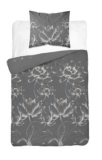 Pościel bawełniana 140x200 Detexpol szara kwiaty lotosu