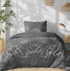 Pościel bawełniana 140x200 Detexpol szara kwiaty lotosu