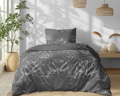 Pościel bawełniana 140x200 Detexpol szara kwiaty lotosu