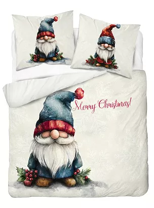 Pościel bawełniana świąteczna Merry Christmas 160x200 kremowa skrzat w czapce z pomponem