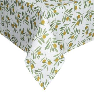 Obrus dekoracyjny wodoodporny ERIN 140x180 Eurofirany biały zielony w oliwne gałązki