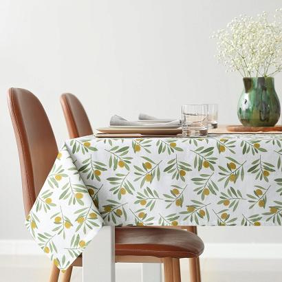 Obrus dekoracyjny wodoodporny ERIN 140x180 Eurofirany biały zielony w oliwne gałązki