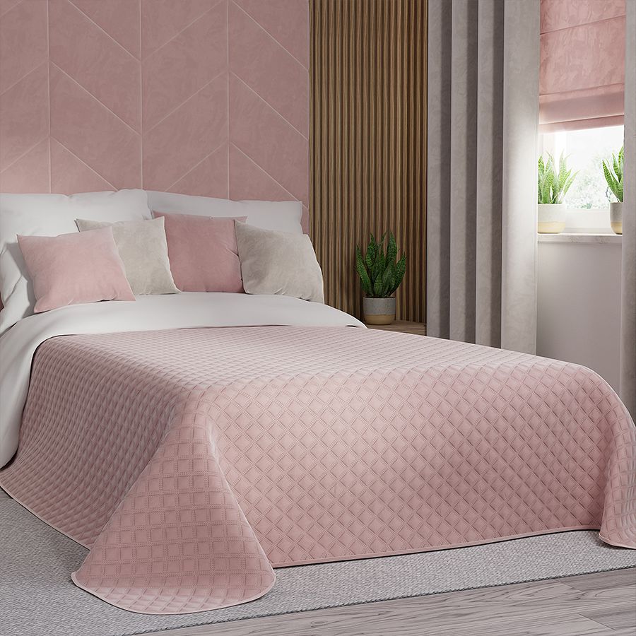 Narzuta dekoracyjna VELVI 220x240 pikowana w geometryczny wzór jasnoróżowa