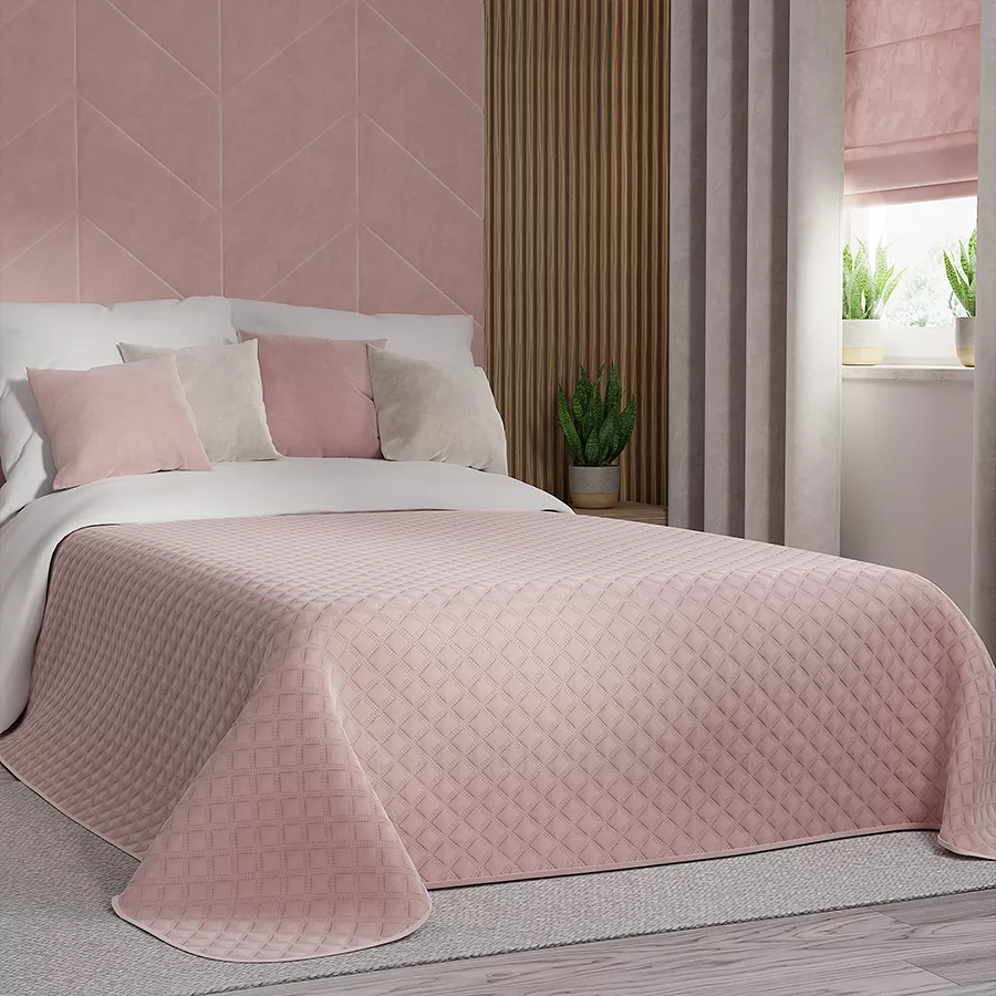 Narzuta dekoracyjna VELVI 220x240 pikowana w geometryczny wzór jasnoróżowa