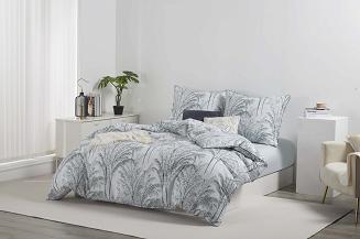 Biała Pościel Vintage z Nadrukiem Satyna Bawełniana 220x200 z Szałwiową Lamówką Biza