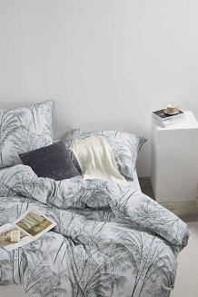 Biała Pościel Vintage z Nadrukiem Satyna Bawełniana 220x200 z Szałwiową Lamówką Biza