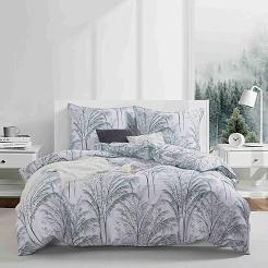 Pościel satyna bawełniana VINTAGE 220x200 biała szałwiowa nadruk palmowy gaj lamówka biza