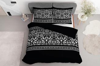 Pościel bawełniana 200x220 Detexpol czarna biała w ludowe kwiaty