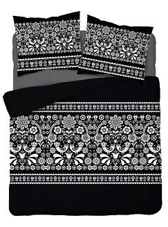 Pościel bawełniana 200x220 Detexpol czarna biała w ludowe kwiaty