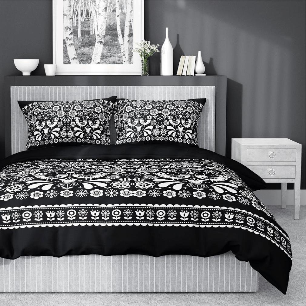 Pościel bawełniana 200x220 Detexpol czarna biała w ludowe kwiaty
