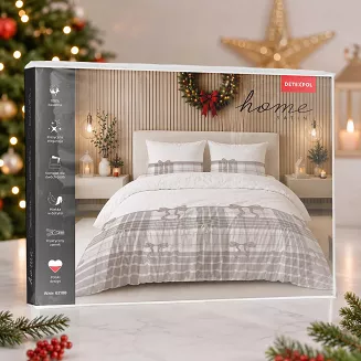 Pościel satynowa świąteczna Home Satin 180x200 biała beżowa w kokardy i kratę
