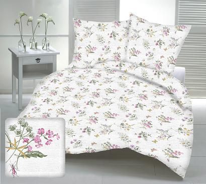 Pościel z kory 160x200 biała w różowe fioletowe polne kwiaty
