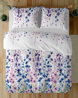 Pościel bawełniana 160x200 Detexpol biała różowe niebieskie ostróżki