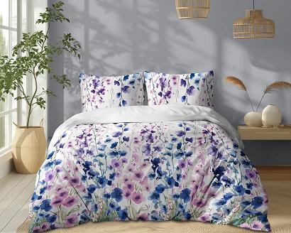 Pościel bawełniana 160x200 Detexpol biała różowe niebieskie ostróżki