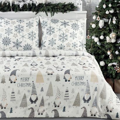 Komplet pościeli świąteczny DWARF 160x200 Eurofirany biały stalowy skrzaty choinki śnieżynki