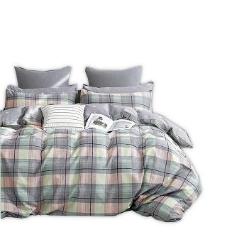 Pościel satynowa 140x200 miętowa szara różowa krata + gwiazdki