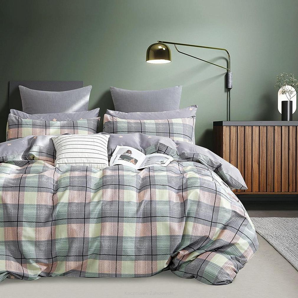Pościel satynowa 140x200 miętowa szara różowa krata + gwiazdki