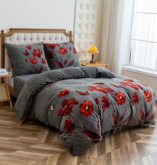 Pościel polarowa 220x200 welur grafitowa czerwone kwiaty
