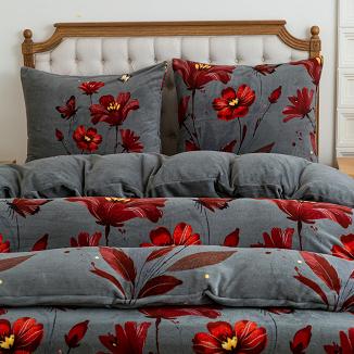 Pościel polarowa 220x200 welur grafitowa czerwone kwiaty