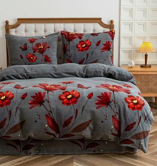Pościel polarowa 220x200 welur grafitowa czerwone kwiaty