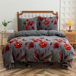 Pościel polarowa 220x200 welur grafitowa czerwone kwiaty