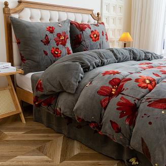 Pościel polarowa 220x200 welur grafitowa czerwone kwiaty