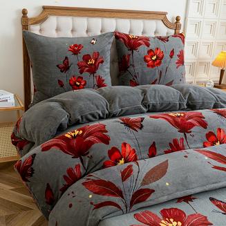 Pościel polarowa 220x200 welur grafitowa czerwone kwiaty