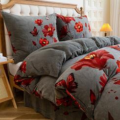 Pościel polarowa 220x200 welur grafitowa czerwone kwiaty