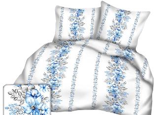 Pościel z kory 200x220 wzór kwiatowe pasy niebieskie