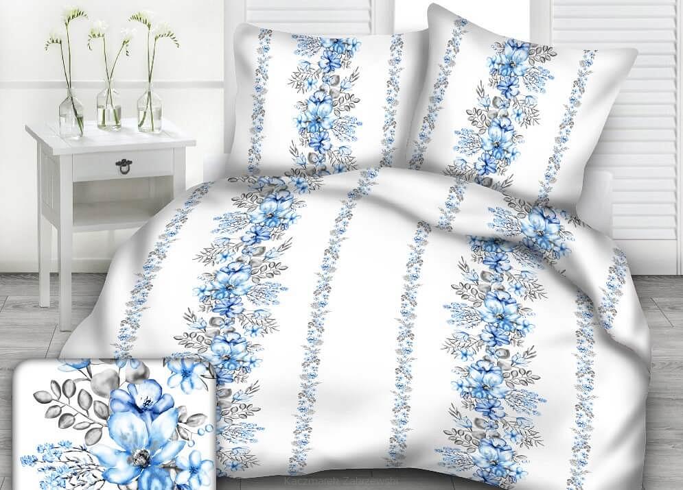 Pościel z kory 200x220 wzór kwiatowe pasy niebieskie