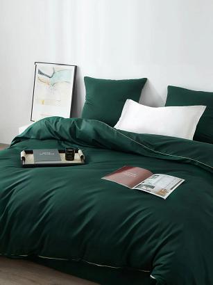 Pościel satyna bawełniana Queen Premium 220x200 butelkowa zieleń ze złotą lamówką