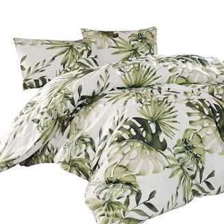 Pościel bawełniana BOTANIC 200x220 COTTONLOVE EXCLUSIVE biała zielone tropikalne liście