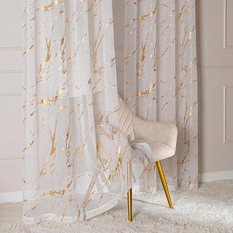 Firana gotowa na przelotkach z ołowianką MARMA 140x250 biała ze złotym nadrukiem