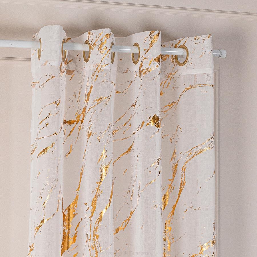 Firana gotowa na przelotkach z ołowianką MARMA 140x250 biała ze złotym nadrukiem