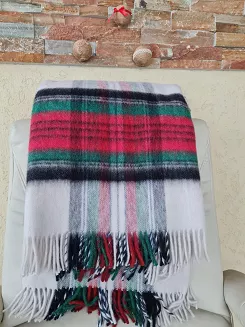 Koc wełniany z frędzlami 100% WEŁNA szkocka krata