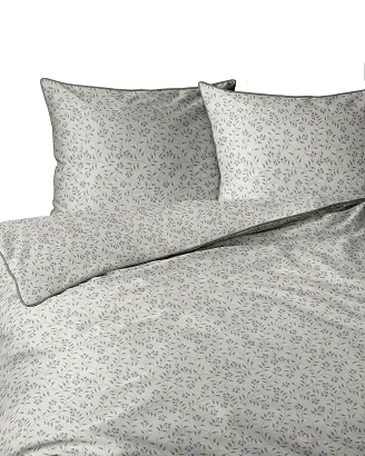 Pościel z perkalu Lamé Percale 160x200 beżowa niebieska drobny wzór roślinny ozdobna lamówka biza