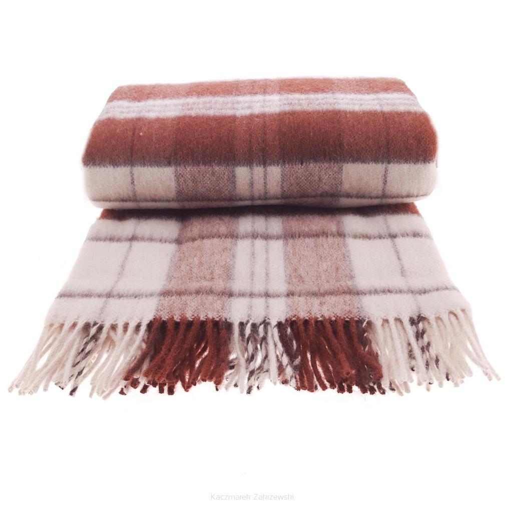 Koc wełniany z frędzlami 100% WEŁNA duża krata brązowa