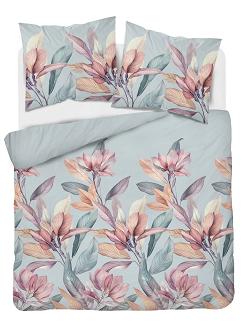 Pościel satynowa 160x200 Detexpol błękitna różowe wrzosowe magnolie