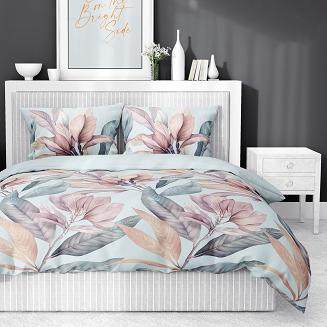 Pościel satynowa 160x200 Detexpol błękitna różowe wrzosowe magnolie