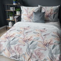 Pościel satynowa 160x200 Detexpol błękitna różowe wrzosowe magnolie