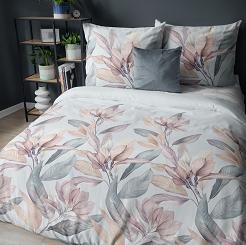 Pościel satynowa 160x200 Detexpol błękitna różowe wrzosowe magnolie