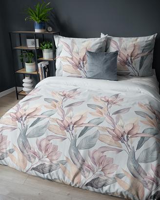 Pościel satynowa 160x200 Detexpol błękitna różowe wrzosowe magnolie
