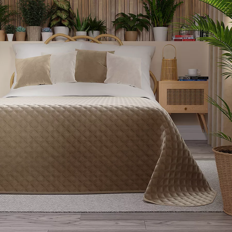 Narzuta dekoracyjna VELVI 170x210 pikowana w geometryczny wzór ciemnobeżowa