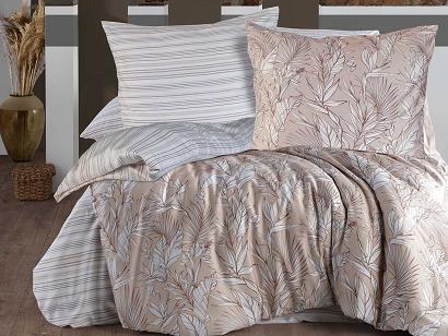 Pościel satyna bawełniana PALMIRA 160x200 EXCLUSIVE biała beżowa paski roślinny motyw
