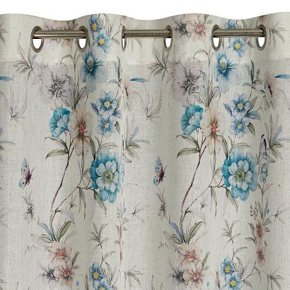 Zasłona gotowa na przelotkach IVY 140x250 Eurofirany naturalna niebieska brązowa kwiatki