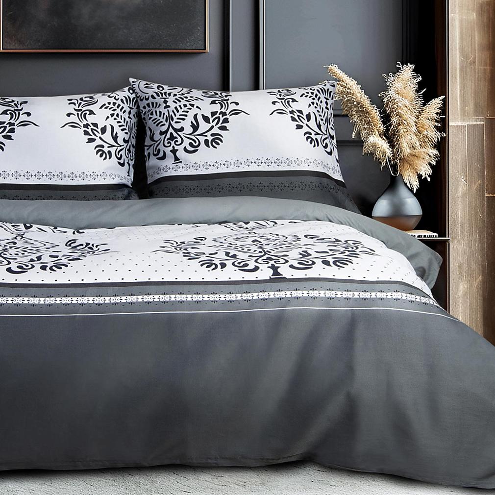 Pościel satyna bawełniana SATYNLOVE 160x200 biała grafitowa pasy ornamenty