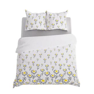 Komplet pościeli BELLIS z bawełny satynowej 220x200 biała żółta rysowane margerytki