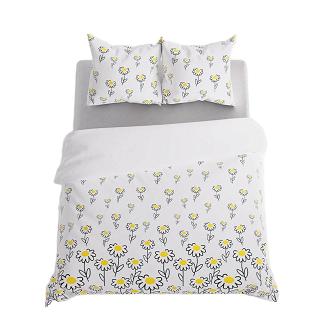 Komplet pościeli BELLIS z bawełny satynowej 220x200 biała żółta rysowane margerytki