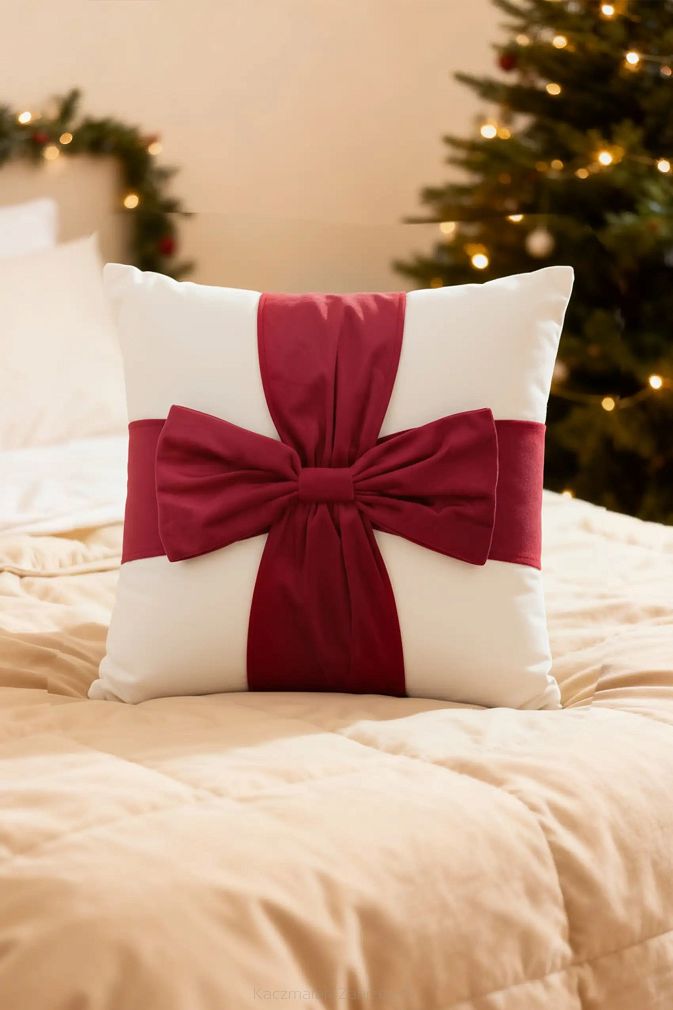 Poszewka dekoracyjna świąteczna 45x45 Christmas Bow welurowa biała z czerwoną kokardą