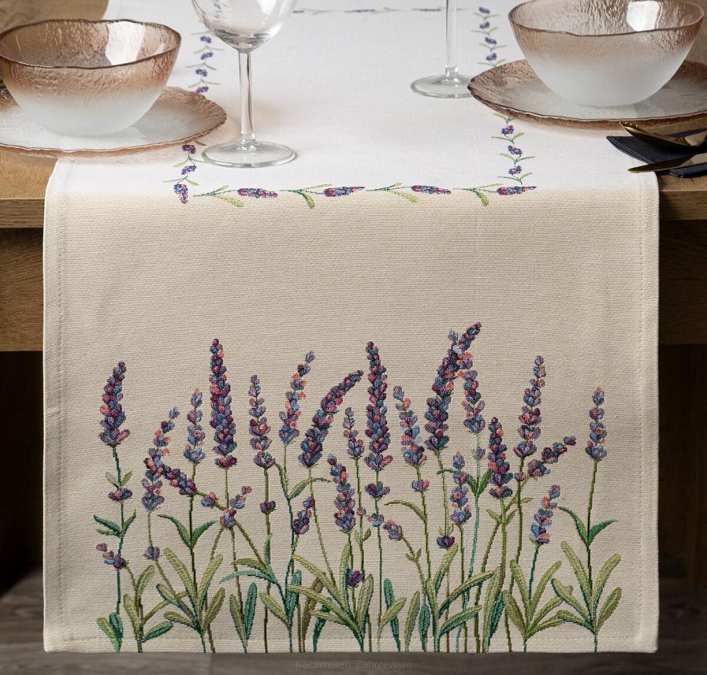 Bieżnik dekoracyjny gobelin 45x140 Eurofirany naturalny zielony fioletowa lawenda